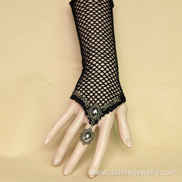 Black Mesh Elastic Lace Hand Bracelet With Alloy Ring Set